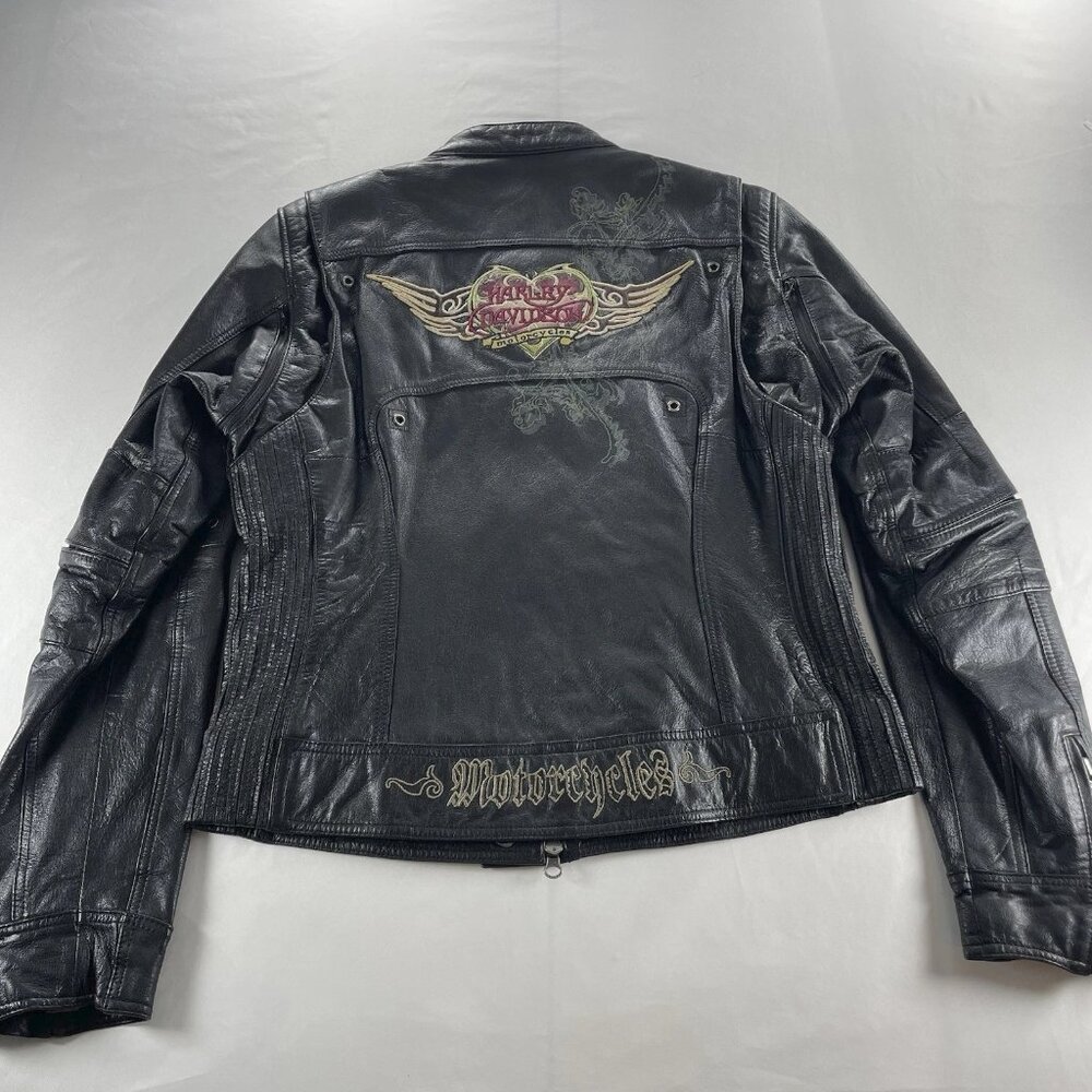 Harley Davidson Women's Black Leather Motorcycle Jacket - Size Medium Camo Liner - Picture 9 of 14